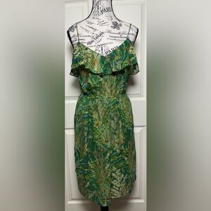 100% Silk Twelfth Street by Cynthia Vincent Green Gold Floral Midi Dress
